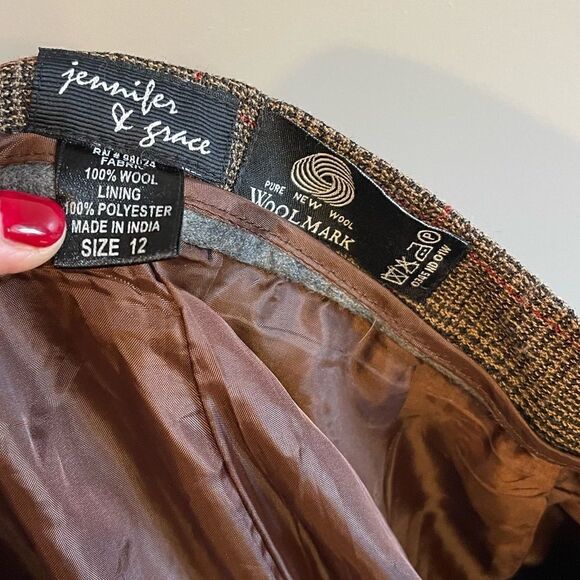 VTG Jennifer & Grace Brown Wool Plaid Pleated Front Cuffed Trouser Pants | SZ 12 - Picture 5 of 10